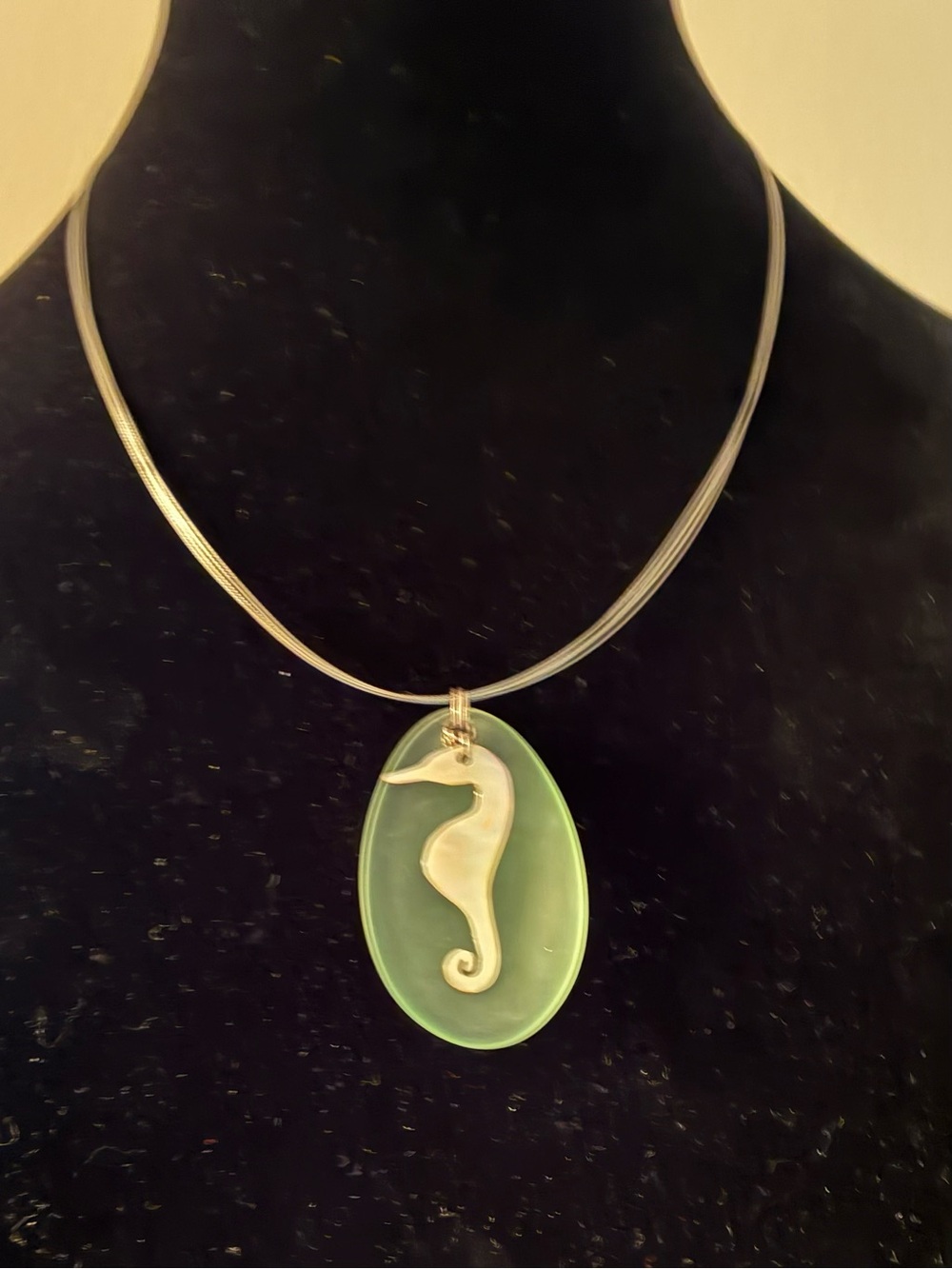 Source Unknown Silver Seahorse Pendant Necklace with Light Green Oval Charm
